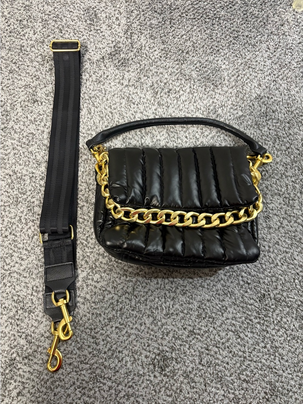 THINK ROYLN Black Quilted Puffer Crossbody with Gold Chain